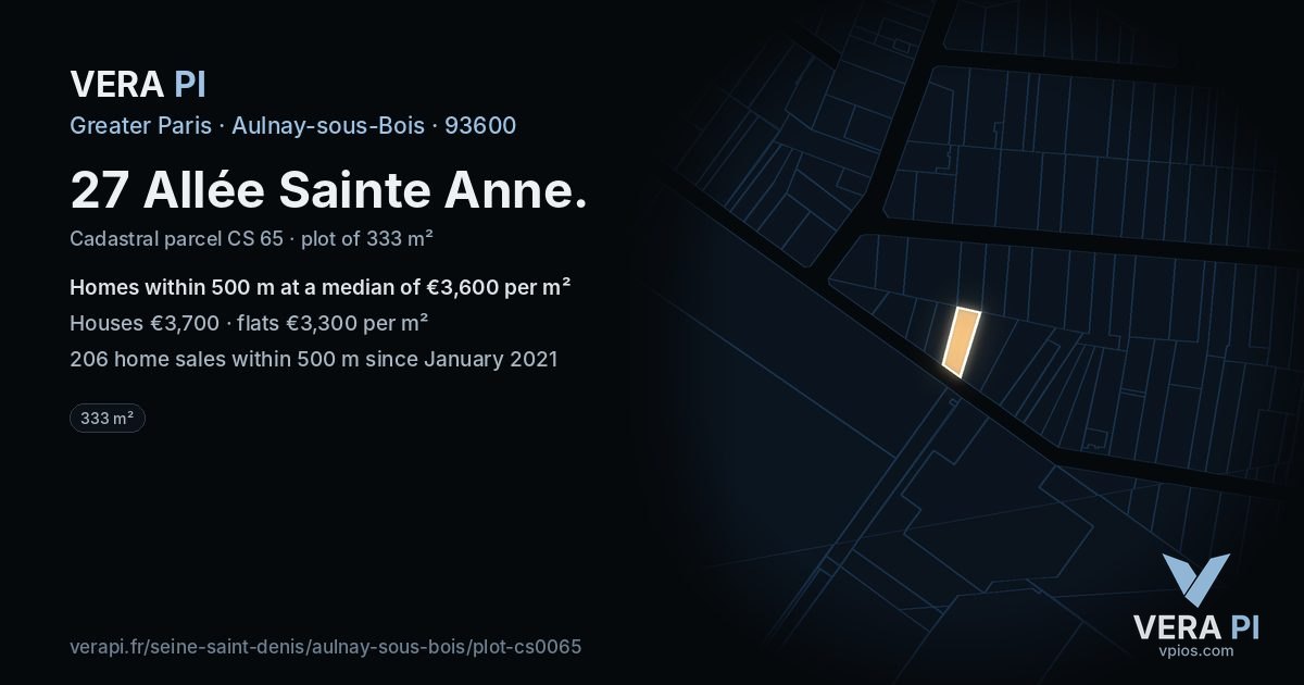 27 Allée Sainte Anne, Aulnay-sous-Bois at night – the plot lit, the parcels around coloured by the prices near them