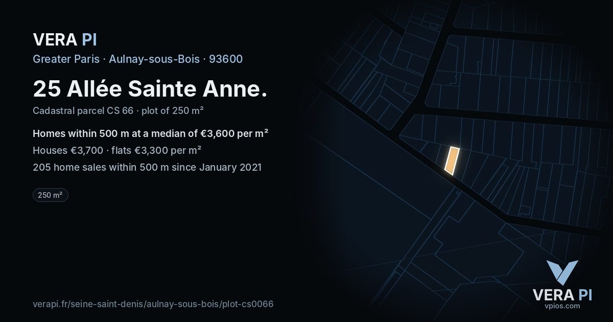 25 Allée Sainte Anne, Aulnay-sous-Bois at night – the plot lit, the parcels around coloured by the prices near them