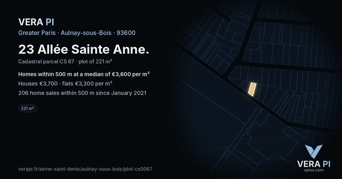 23 Allée Sainte Anne, Aulnay-sous-Bois at night – the plot lit, the parcels around coloured by the prices near them