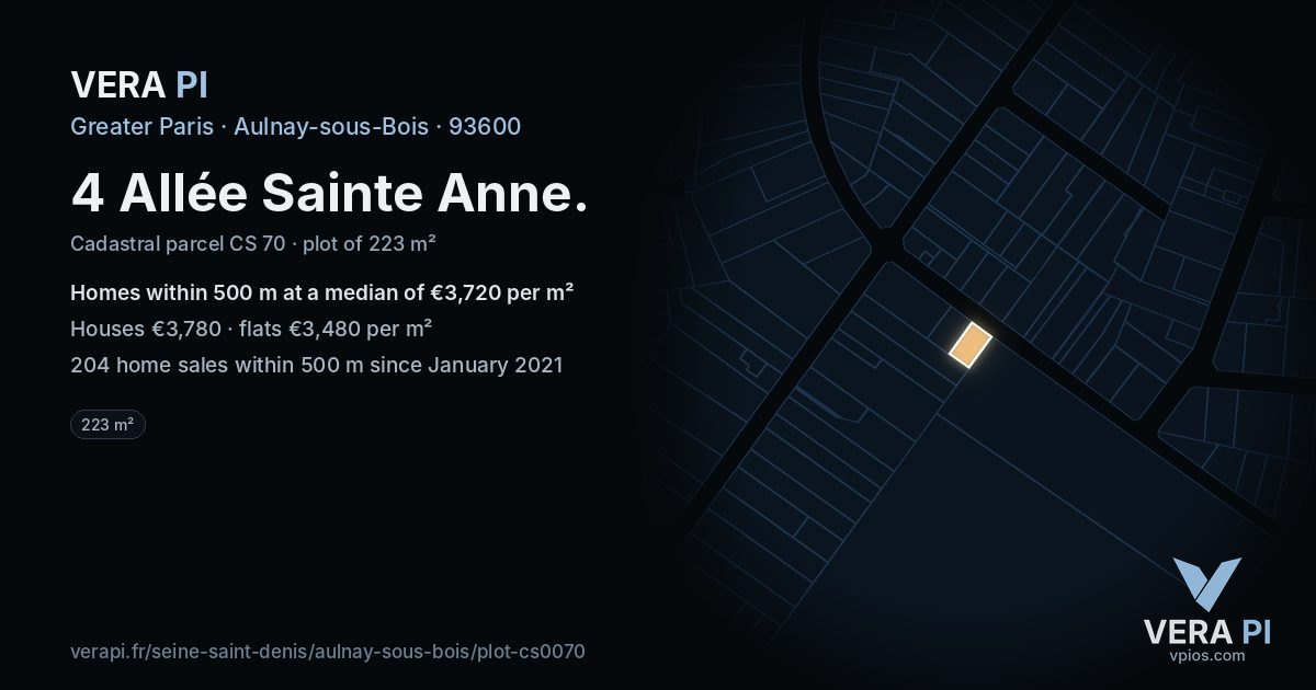 4 Allée Sainte Anne, Aulnay-sous-Bois at night – the plot lit, the parcels around coloured by the prices near them