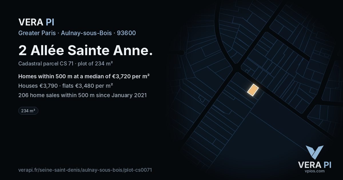 2 Allée Sainte Anne, Aulnay-sous-Bois at night – the plot lit, the parcels around coloured by the prices near them