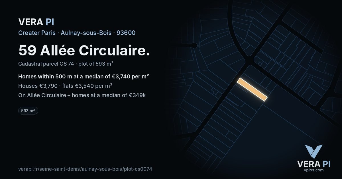 59 Allée Circulaire, Aulnay-sous-Bois at night – the plot lit, the parcels around coloured by the prices near them