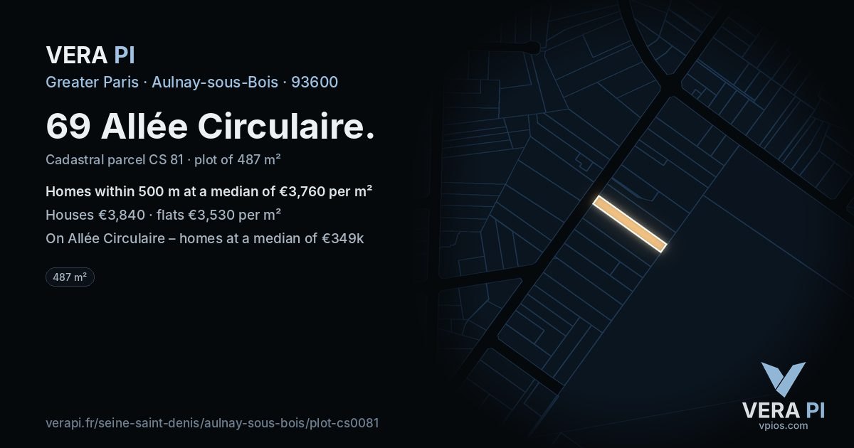 69 Allée Circulaire, Aulnay-sous-Bois at night – the plot lit, the parcels around coloured by the prices near them