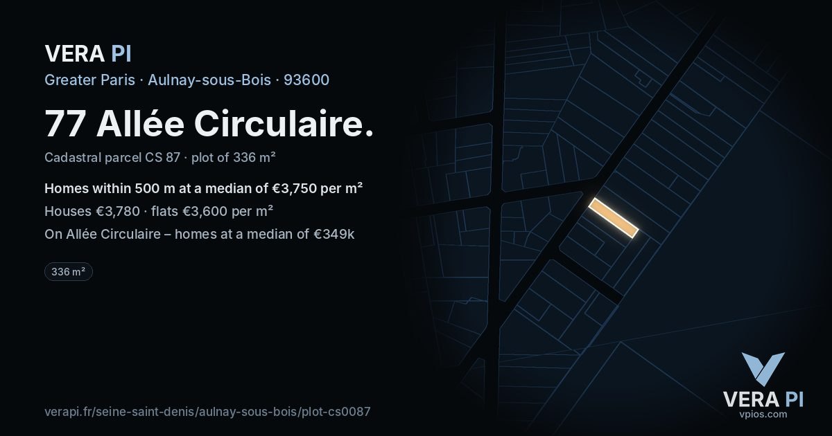 77 Allée Circulaire, Aulnay-sous-Bois at night – the plot lit, the parcels around coloured by the prices near them