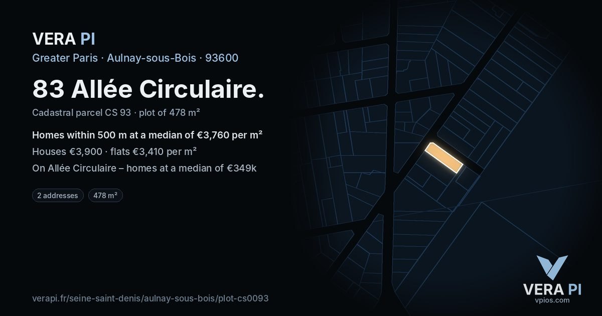 83 Allée Circulaire, Aulnay-sous-Bois at night – the plot lit, the parcels around coloured by the prices near them