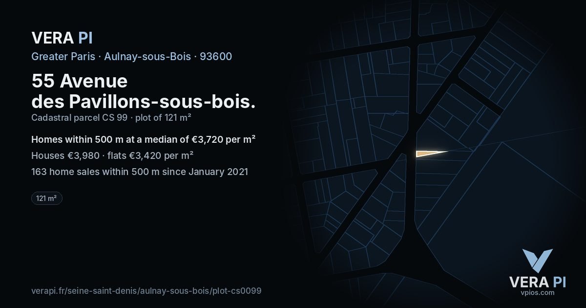 55 Avenue des Pavillons-sous-bois, Aulnay-sous-Bois at night – the plot lit, the parcels around coloured by the prices near them