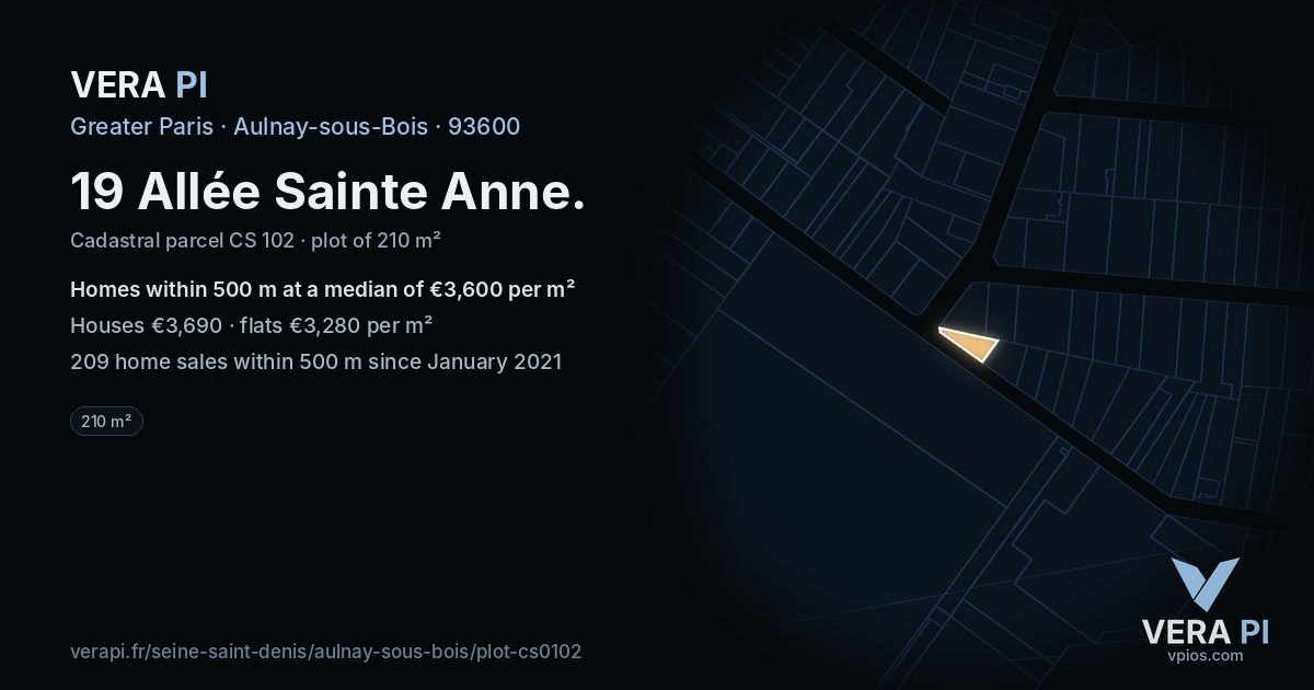 19 Allée Sainte Anne, Aulnay-sous-Bois at night – the plot lit, the parcels around coloured by the prices near them