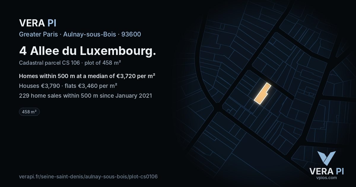 4 Allee du Luxembourg, Aulnay-sous-Bois at night – the plot lit, the parcels around coloured by the prices near them