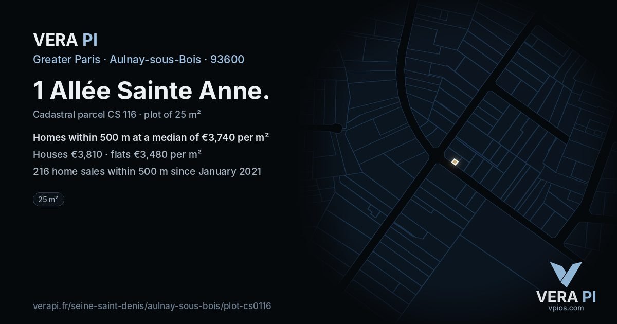1 Allée Sainte Anne, Aulnay-sous-Bois at night – the plot lit, the parcels around coloured by the prices near them