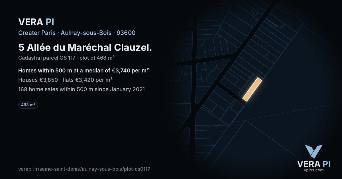 5 Allée du Maréchal Clauzel, Aulnay-sous-Bois at night – the plot lit, the parcels around coloured by the prices near them