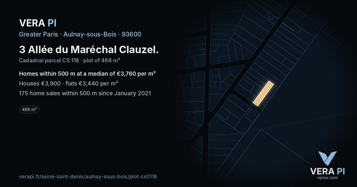 3 Allée du Maréchal Clauzel, Aulnay-sous-Bois at night – the plot lit, the parcels around coloured by the prices near them