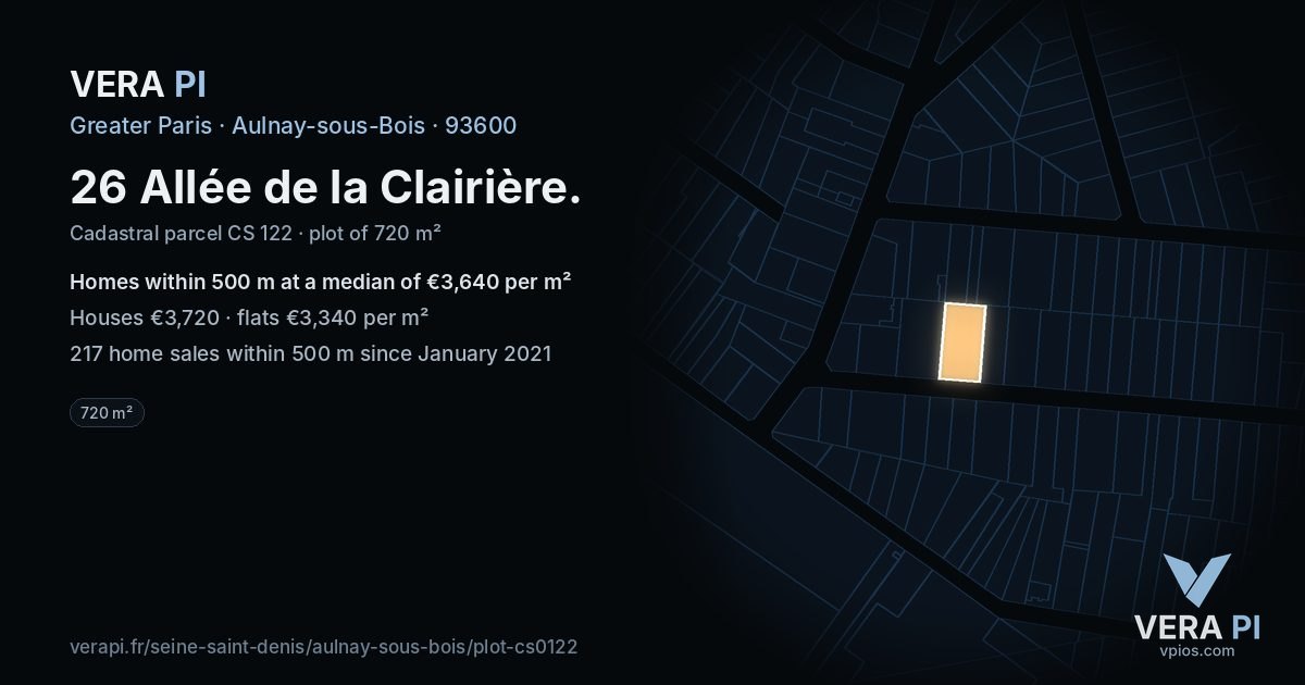 26 Allée de la Clairière, Aulnay-sous-Bois at night – the plot lit, the parcels around coloured by the prices near them