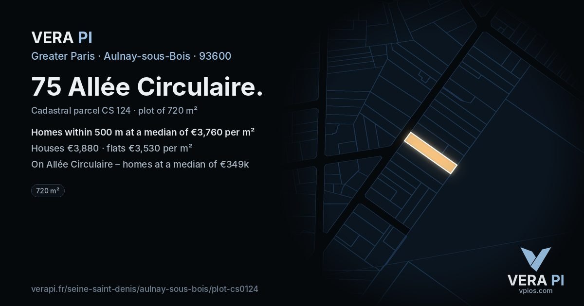 75 Allée Circulaire, Aulnay-sous-Bois at night – the plot lit, the parcels around coloured by the prices near them