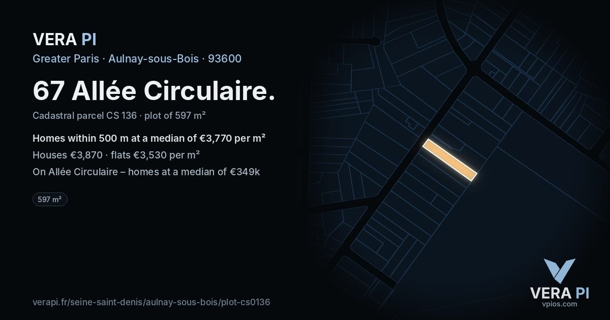 67 Allée Circulaire, Aulnay-sous-Bois at night – the plot lit, the parcels around coloured by the prices near them