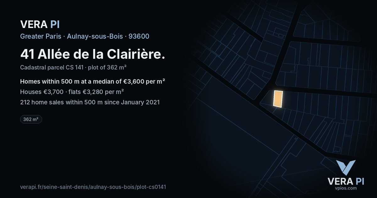 41 Allée de la Clairière, Aulnay-sous-Bois at night – the plot lit, the parcels around coloured by the prices near them