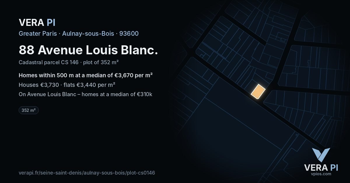88 Avenue Louis Blanc, Aulnay-sous-Bois at night – the plot lit, the parcels around coloured by the prices near them