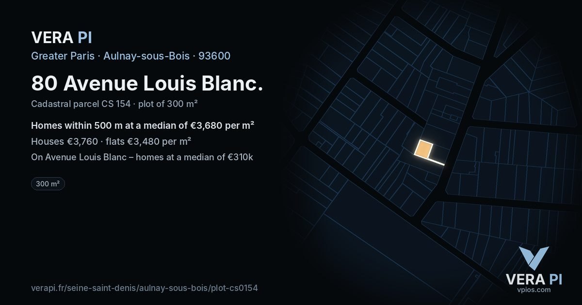 80 Avenue Louis Blanc, Aulnay-sous-Bois at night – the plot lit, the parcels around coloured by the prices near them