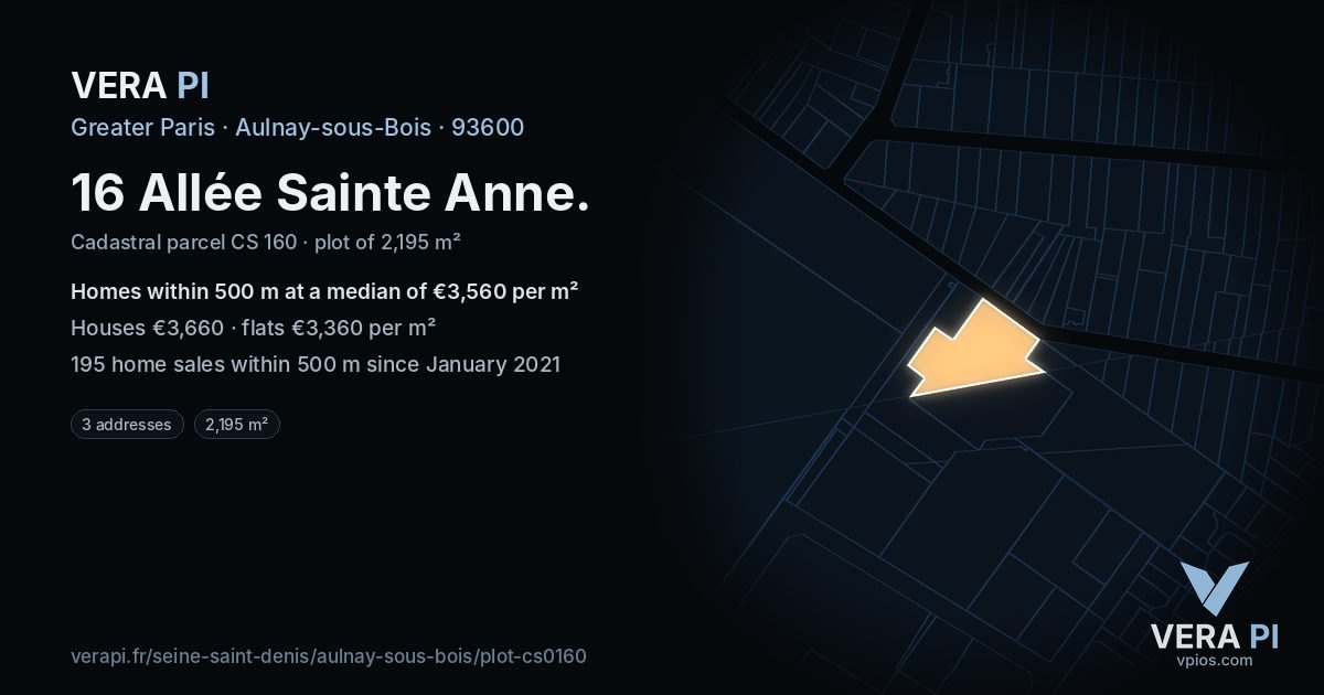 16 Allée Sainte Anne, Aulnay-sous-Bois at night – the plot lit, the parcels around coloured by the prices near them