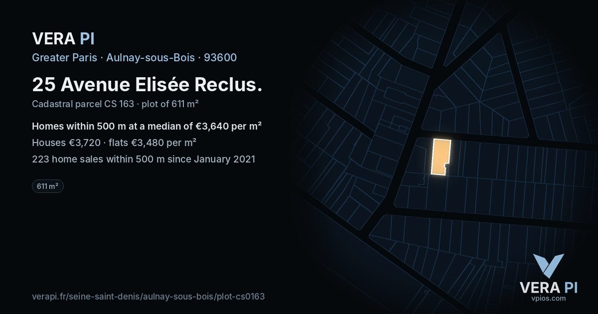 25 Avenue Elisée Reclus, Aulnay-sous-Bois at night – the plot lit, the parcels around coloured by the prices near them