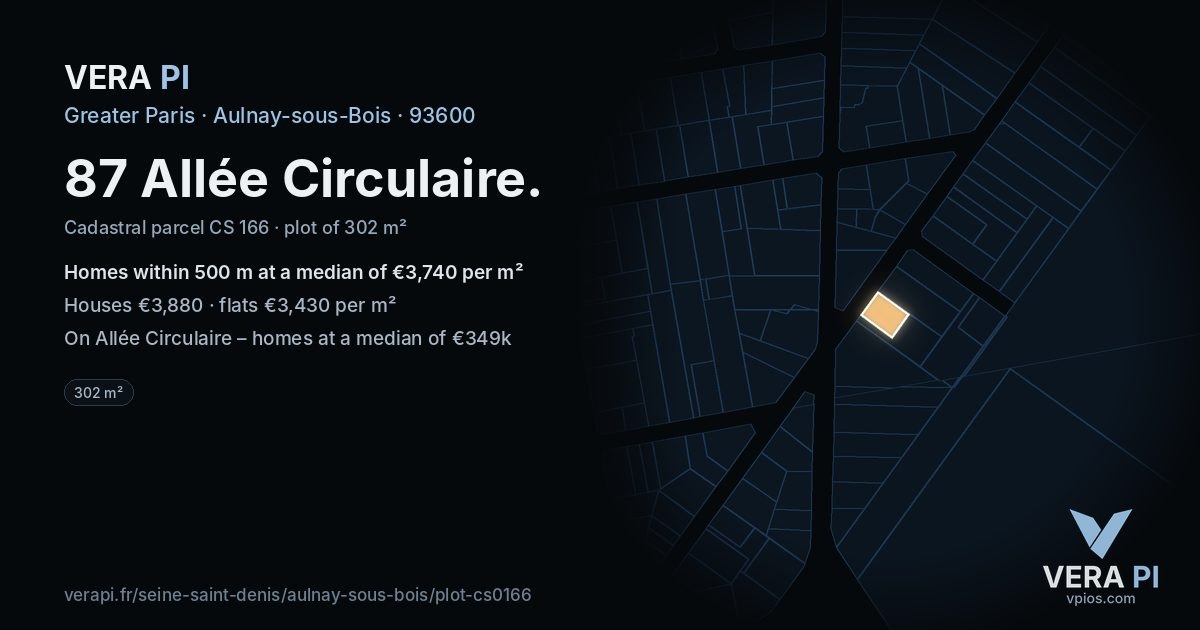 87 Allée Circulaire, Aulnay-sous-Bois at night – the plot lit, the parcels around coloured by the prices near them