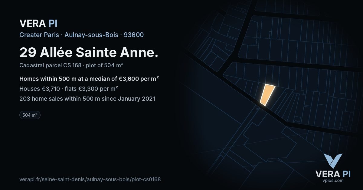 29 Allée Sainte Anne, Aulnay-sous-Bois at night – the plot lit, the parcels around coloured by the prices near them