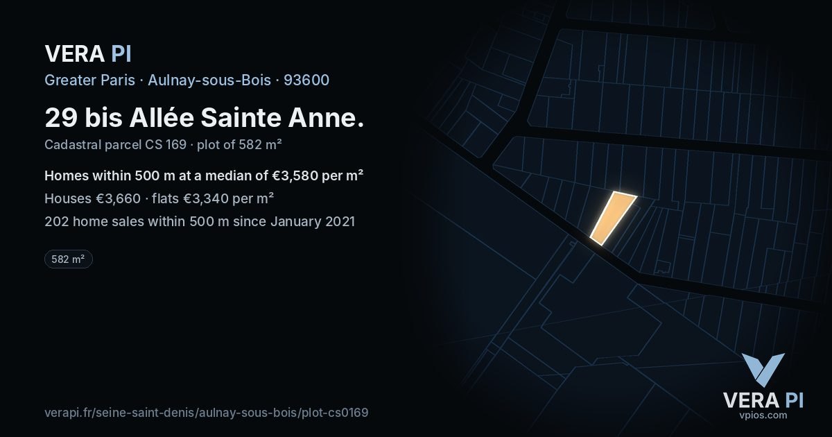 29 bis Allée Sainte Anne, Aulnay-sous-Bois at night – the plot lit, the parcels around coloured by the prices near them