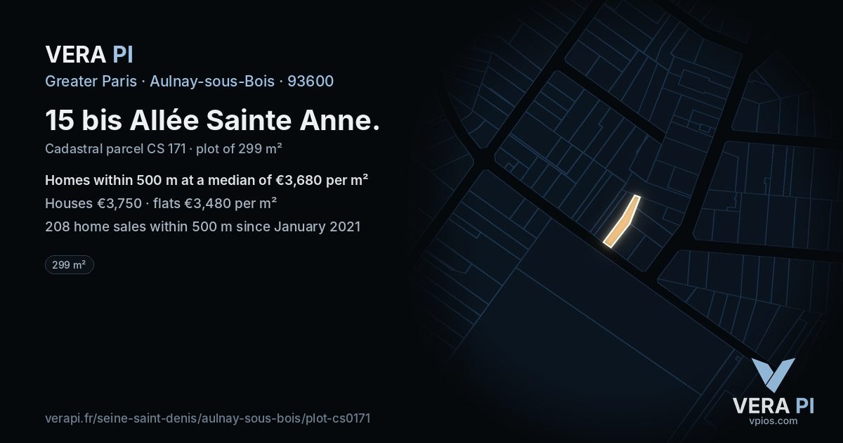 15 bis Allée Sainte Anne, Aulnay-sous-Bois at night – the plot lit, the parcels around coloured by the prices near them