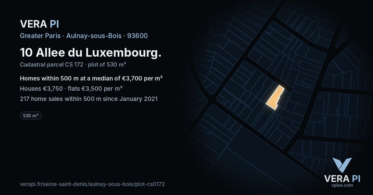 10 Allee du Luxembourg, Aulnay-sous-Bois at night – the plot lit, the parcels around coloured by the prices near them