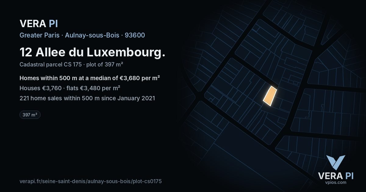12 Allee du Luxembourg, Aulnay-sous-Bois at night – the plot lit, the parcels around coloured by the prices near them