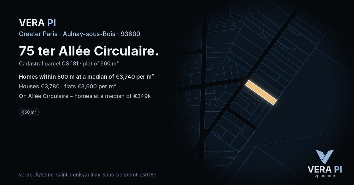 75 ter Allée Circulaire, Aulnay-sous-Bois at night – the plot lit, the parcels around coloured by the prices near them