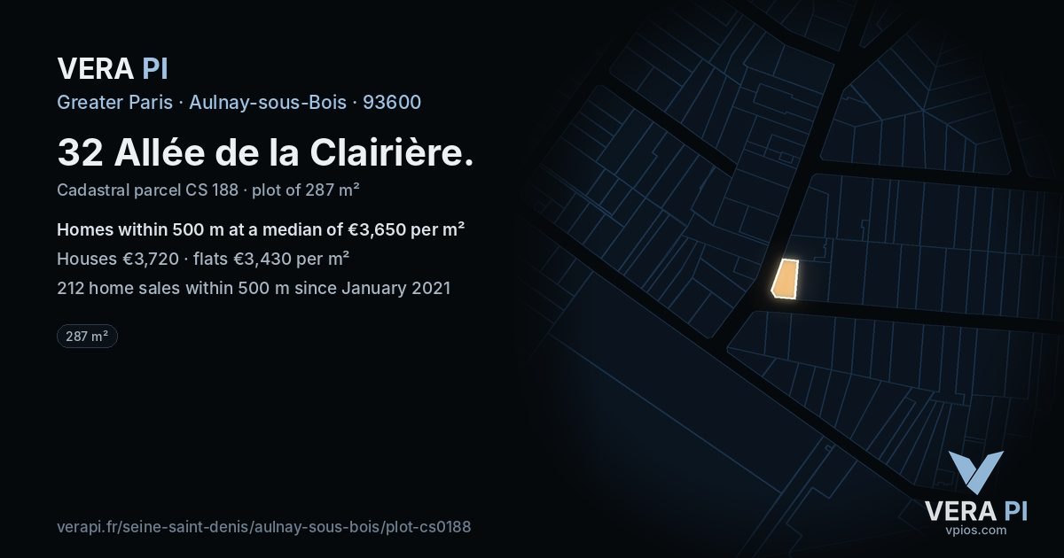 32 Allée de la Clairière, Aulnay-sous-Bois at night – the plot lit, the parcels around coloured by the prices near them
