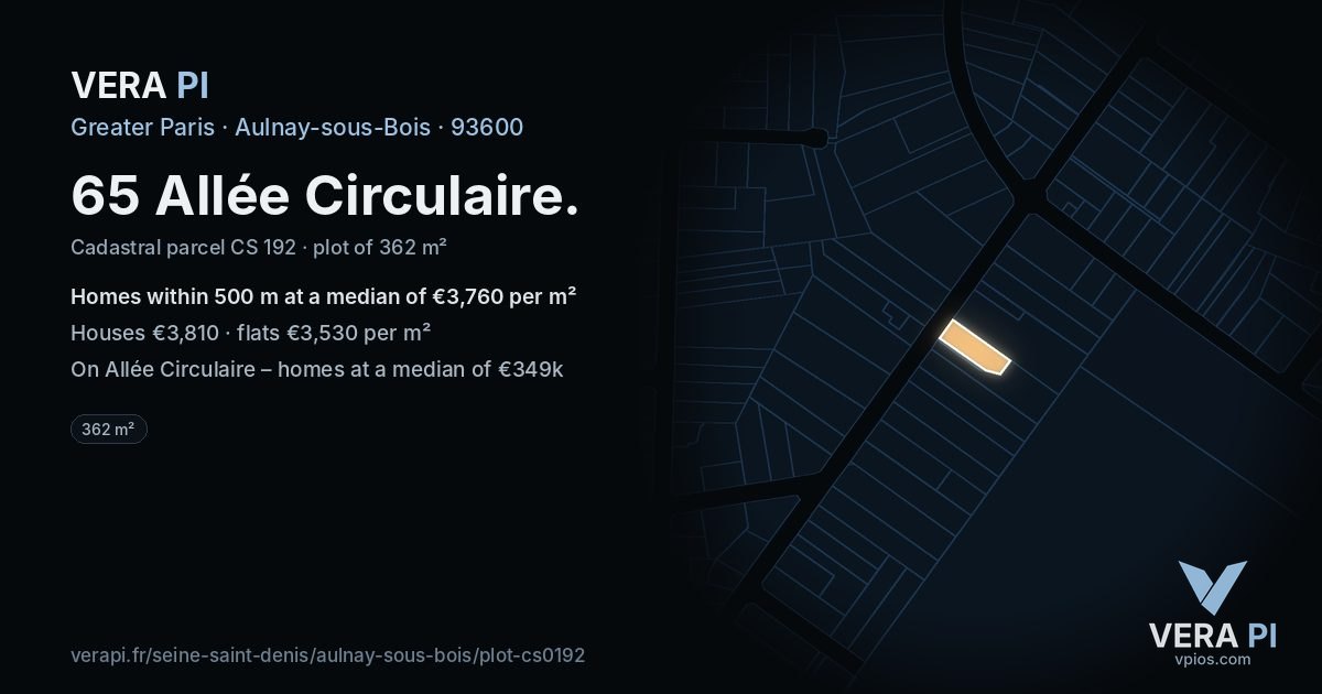 65 Allée Circulaire, Aulnay-sous-Bois at night – the plot lit, the parcels around coloured by the prices near them