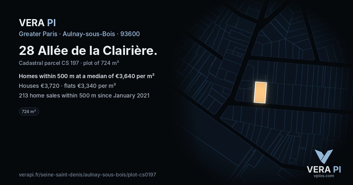 28 Allée de la Clairière, Aulnay-sous-Bois at night – the plot lit, the parcels around coloured by the prices near them