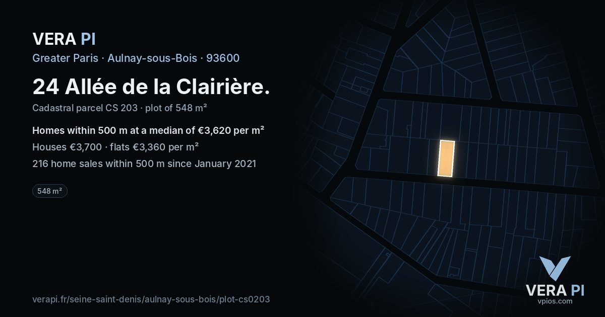24 Allée de la Clairière, Aulnay-sous-Bois at night – the plot lit, the parcels around coloured by the prices near them