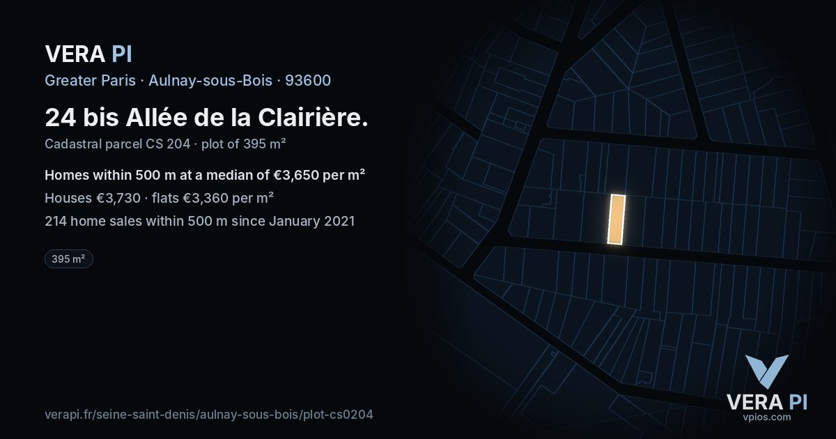 24 bis Allée de la Clairière, Aulnay-sous-Bois at night – the plot lit, the parcels around coloured by the prices near them