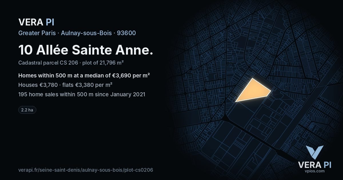 10 Allée Sainte Anne, Aulnay-sous-Bois at night – the plot lit, the parcels around coloured by the prices near them
