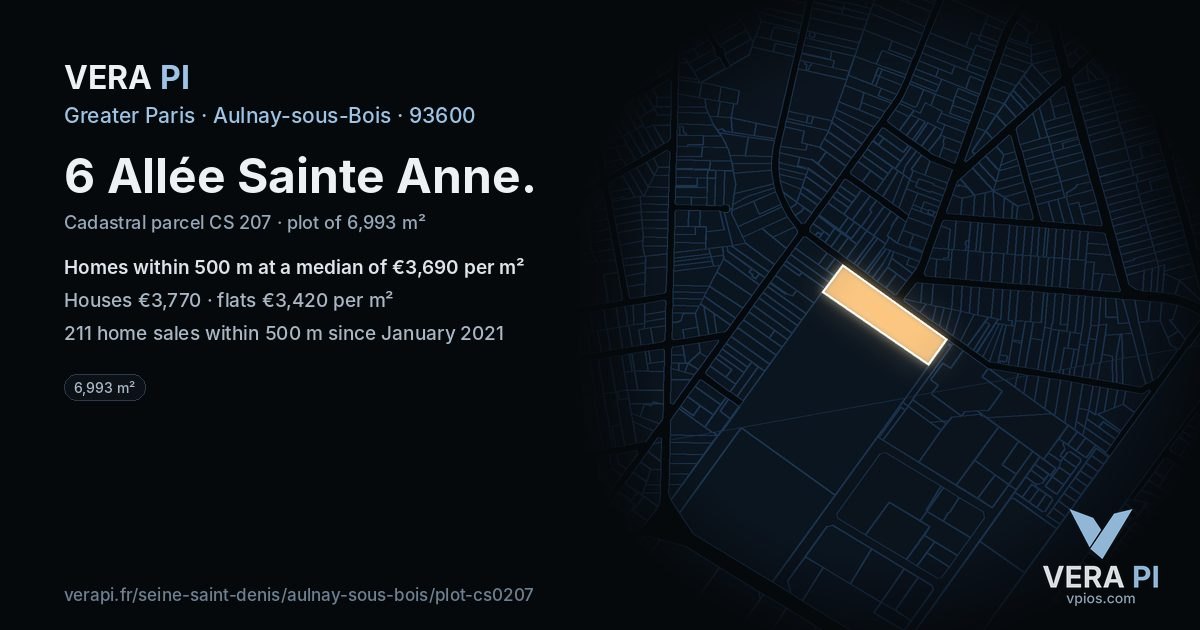 6 Allée Sainte Anne, Aulnay-sous-Bois at night – the plot lit, the parcels around coloured by the prices near them