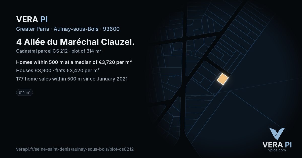 4 Allée du Maréchal Clauzel, Aulnay-sous-Bois at night – the plot lit, the parcels around coloured by the prices near them