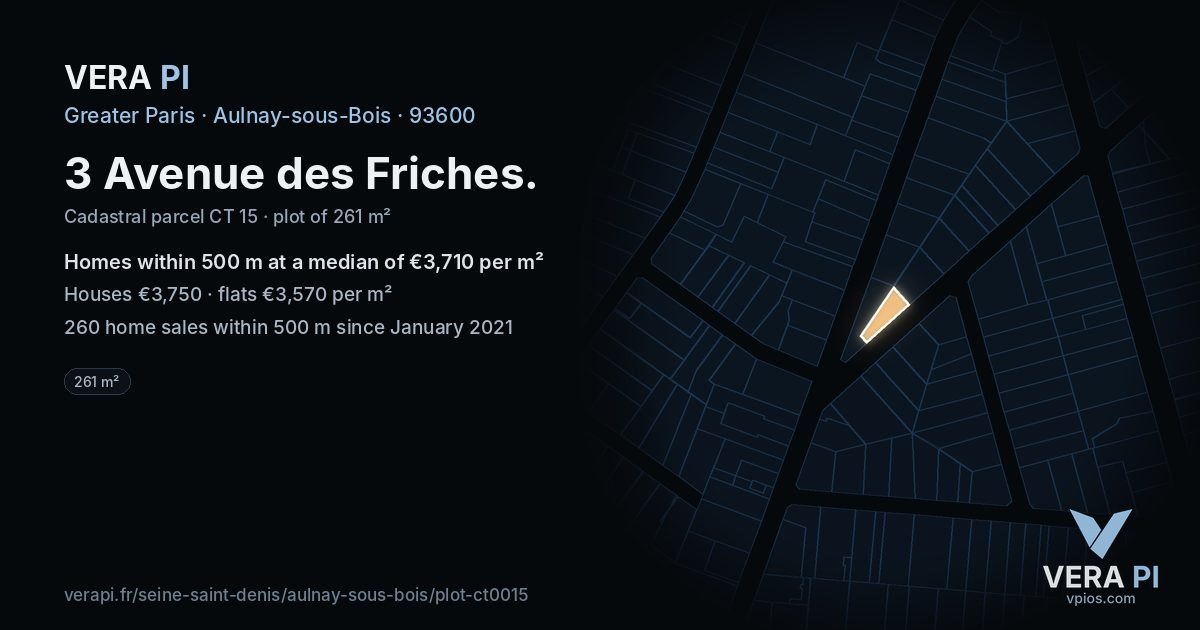 3 Avenue des Friches, Aulnay-sous-Bois at night – the plot lit, the parcels around coloured by the prices near them
