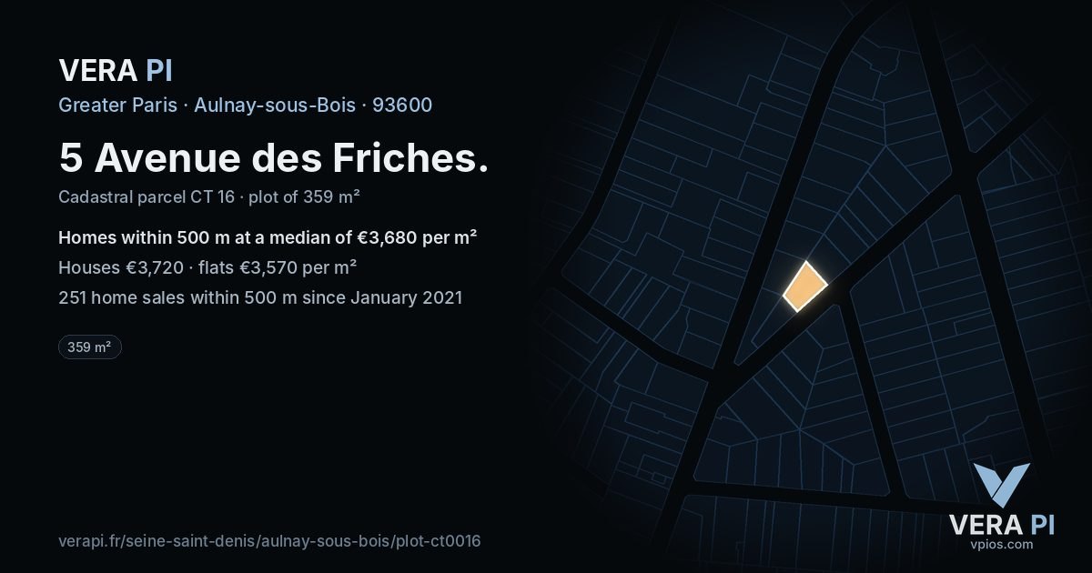 5 Avenue des Friches, Aulnay-sous-Bois at night – the plot lit, the parcels around coloured by the prices near them