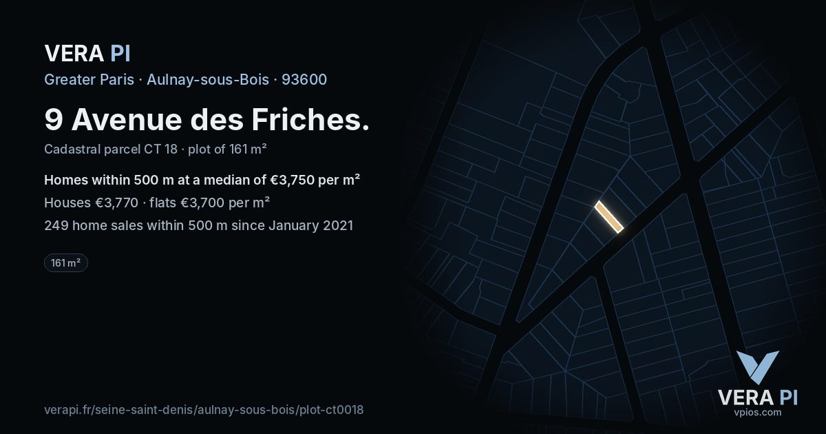 9 Avenue des Friches, Aulnay-sous-Bois at night – the plot lit, the parcels around coloured by the prices near them