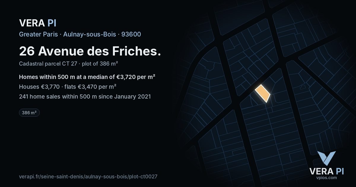 26 Avenue des Friches, Aulnay-sous-Bois at night – the plot lit, the parcels around coloured by the prices near them