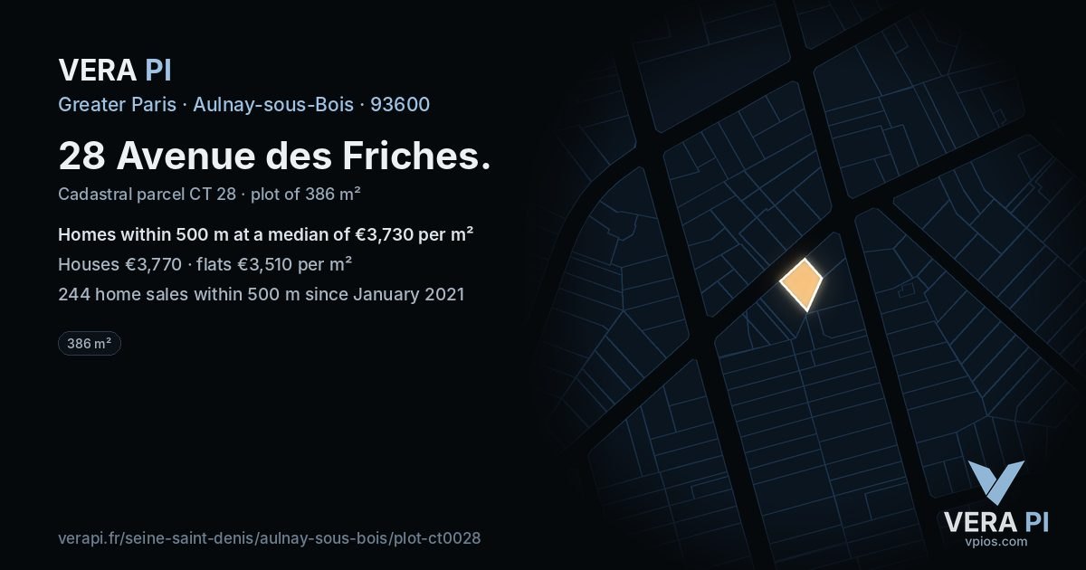 28 Avenue des Friches, Aulnay-sous-Bois at night – the plot lit, the parcels around coloured by the prices near them