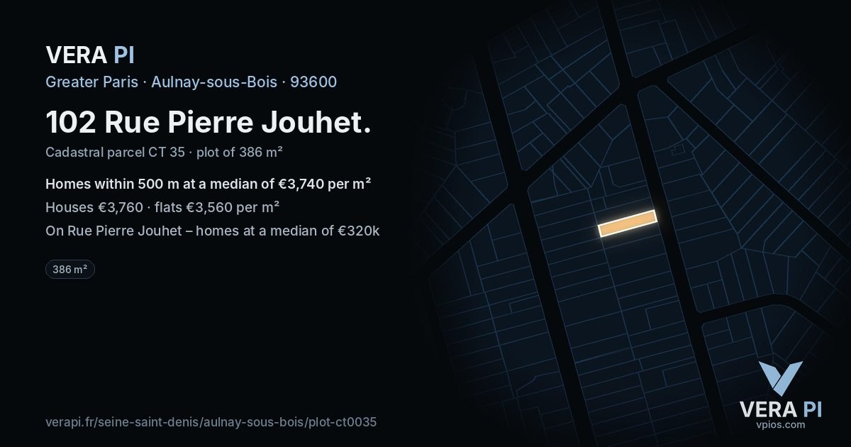 102 Rue Pierre Jouhet, Aulnay-sous-Bois at night – the plot lit, the parcels around coloured by the prices near them
