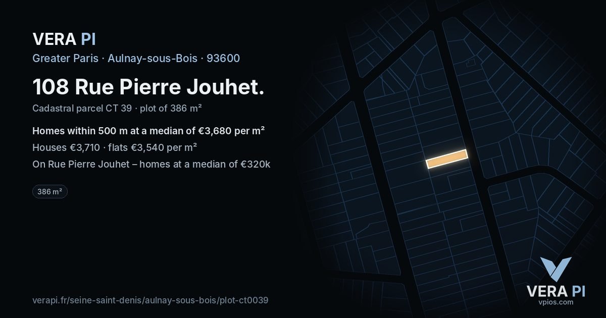 108 Rue Pierre Jouhet, Aulnay-sous-Bois at night – the plot lit, the parcels around coloured by the prices near them