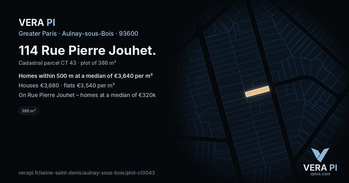 114 Rue Pierre Jouhet, Aulnay-sous-Bois at night – the plot lit, the parcels around coloured by the prices near them