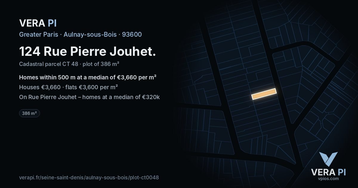 124 Rue Pierre Jouhet, Aulnay-sous-Bois at night – the plot lit, the parcels around coloured by the prices near them