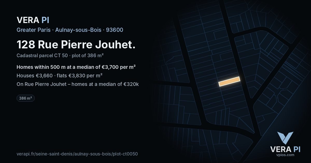 128 Rue Pierre Jouhet, Aulnay-sous-Bois at night – the plot lit, the parcels around coloured by the prices near them