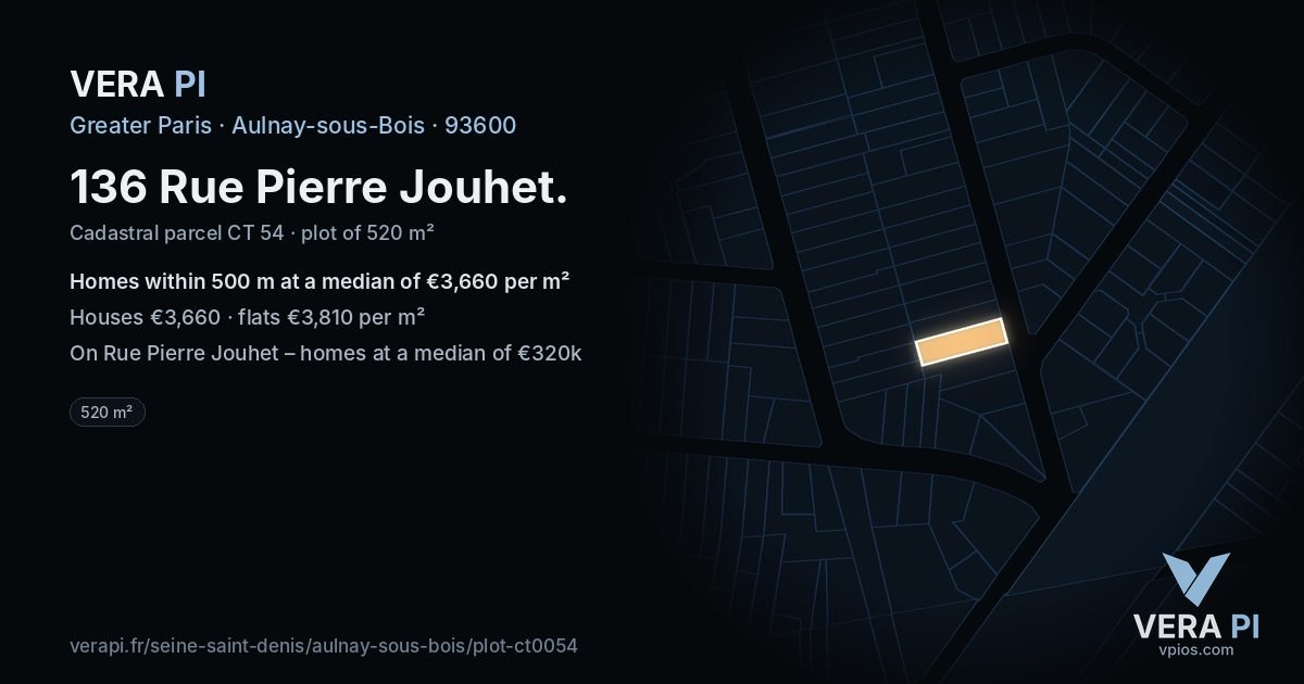 136 Rue Pierre Jouhet, Aulnay-sous-Bois at night – the plot lit, the parcels around coloured by the prices near them