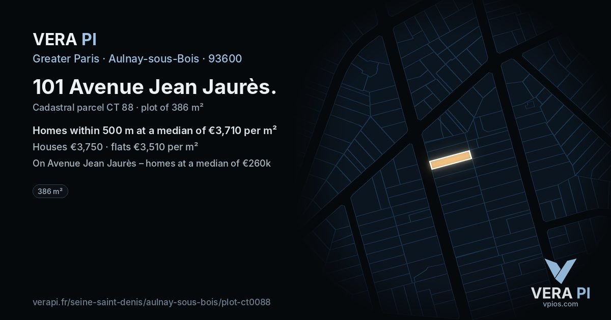 101 Avenue Jean Jaurès, Aulnay-sous-Bois at night – the plot lit, the parcels around coloured by the prices near them